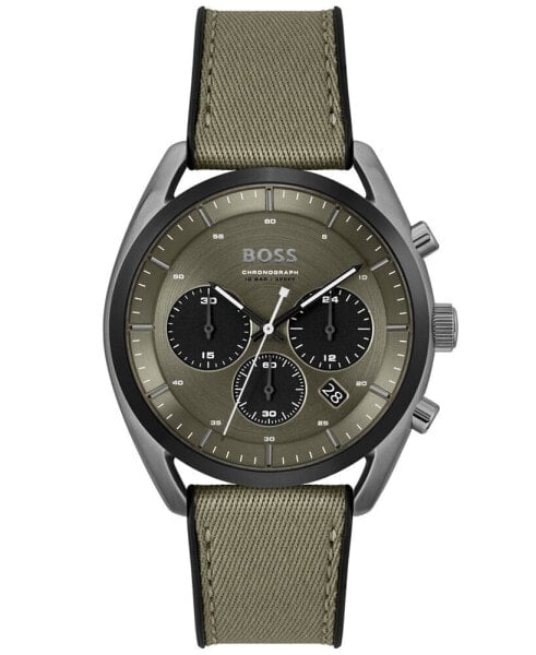 BOSS Men's Top Quartz Fashion Chronograph Black Silicone Green Fabric Watch 44mm