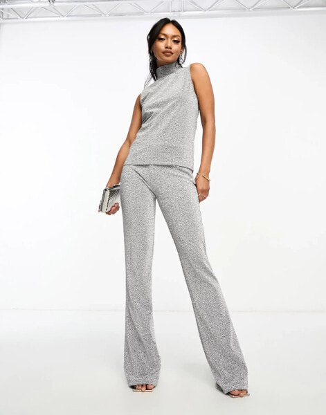 Vila high neck sleeveless glitter top co-ord in silver