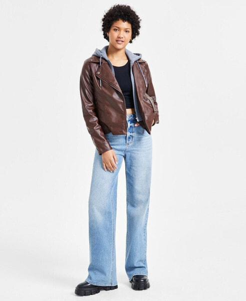 Juniors' Hooded Faux-Leather Moto Jacket, Created for Macy's