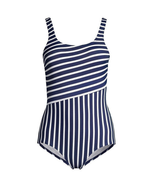 Women's Long Scoop Neck Soft Cup Tugless Sporty One Piece Swimsuit Print