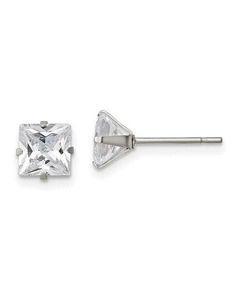 Stainless Steel Polished Square CZ Stud Earrings