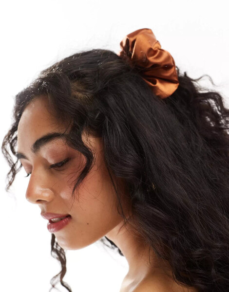 DesignB London puffy satin hair scrunchie in burnt orange