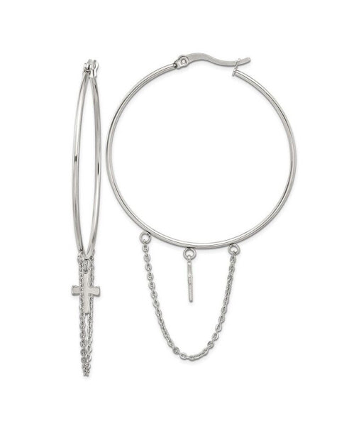 Stainless Steel Polished Chain and Cross Dangle Hoop Earrings
