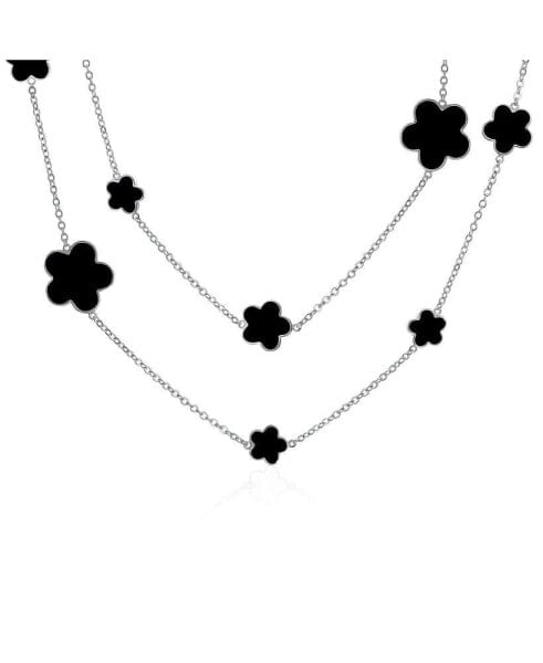 Bling Jewelry fashion Off White Black Pink Enamel Large & Small Flower Long Silver Tone Gold Plated Rose Gold Plated Station Chain Wrap Layer Clover Necklace For Women 42 Inch
