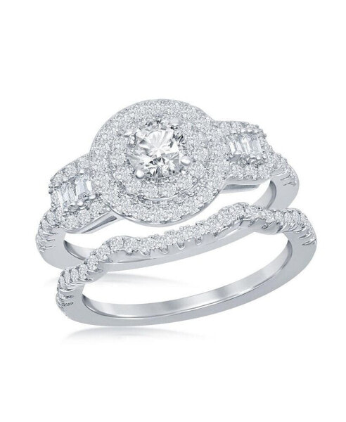 Sterling Silver Round Double Halo Baguette CZ Side Stones Engagement Ring Set