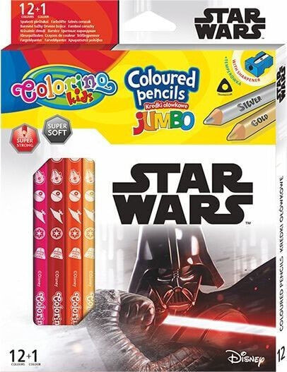 Patio Kredki ołówkowe trójkątne JUMBO 12 sztuk 13 kolorów + temperówka Colorino Kids Star Wars