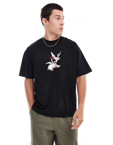 HUGO Red x Les Benjamins oversized t-shirt in black with swan logo print