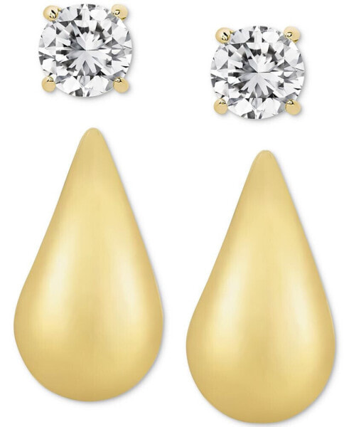 2-Pc. Set Lab Grown White Sapphire Solitaire & Polished Teardrop Stud Earrings (2-1/10 ct. t.w.) in 14k Gold-Plated Sterling Silver