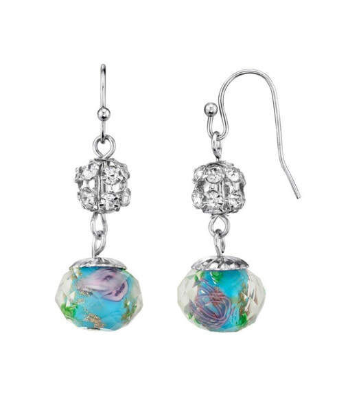 Silver Tone Aqua and Pink Flower Bead with Crystals Drop Wire Earring