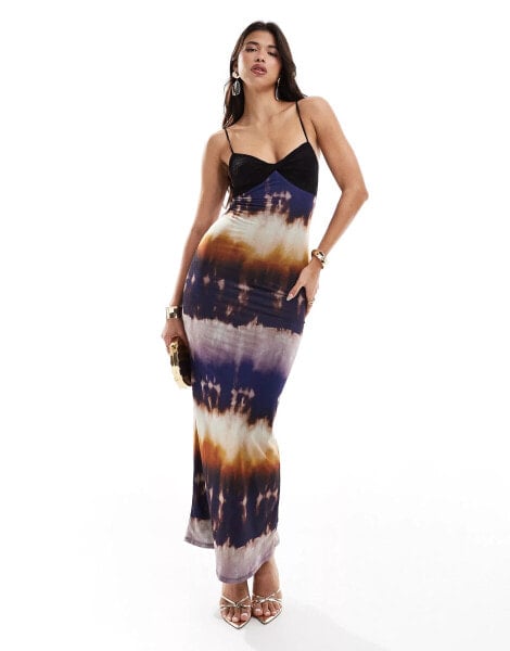 ASOS DESIGN strappy maxi dress with lace bust in tie dye stripe