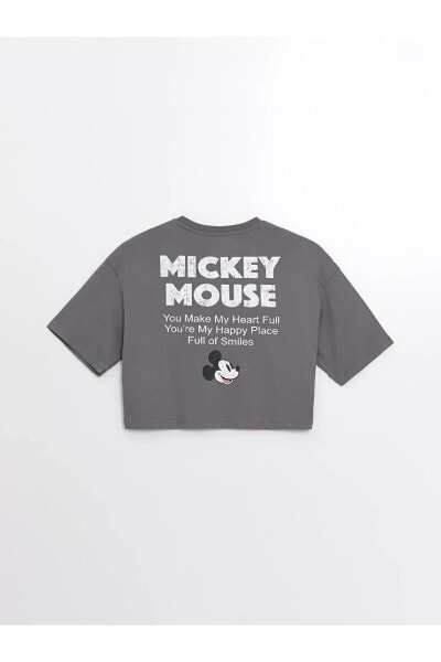 LCW Bisiklet Yaka Mickey Mouse Baskılı Kısa Kollu Oversize Kadın Crop