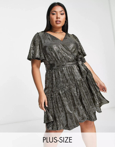 Forever New Curve ruffle wrap sequin mini dress in gold