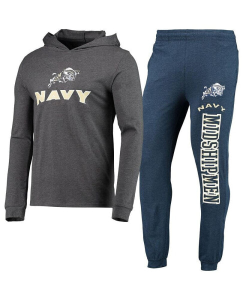 Men's Navy, Heather Charcoal Navy Midshipmen Meter Long Sleeve Hoodie T-shirt and Jogger Pajama Set