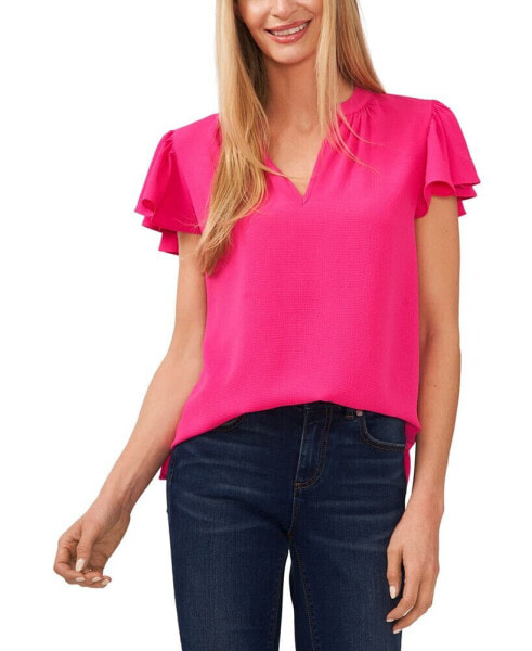 Women's Short Ruffled Sleeve Solid V-Neck Blouse