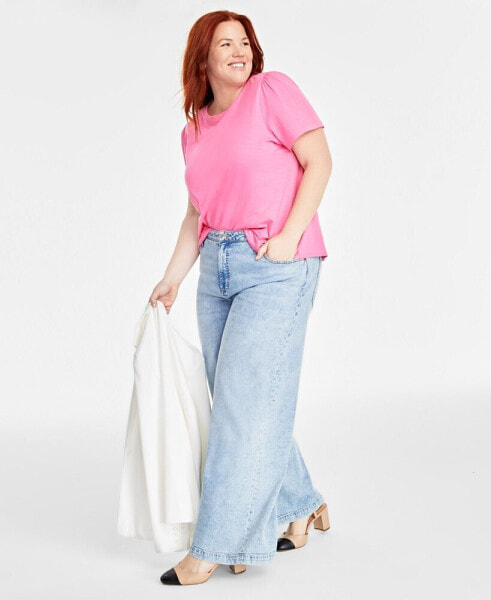 Trendy Plus Size Gathered-Sleeve Crewneck T-Shirt, Created for Macy's