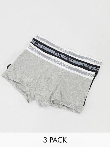 Calvin Klein 3 pack trunks with logo waistband in black white and grey