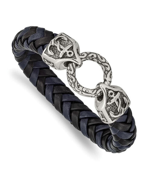 Stainless Steel Antiqued Black Blue Braided Leather Bracelet