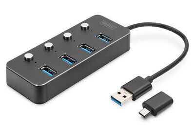 Хаб USB 3.0, 4-портовый, переключаемый, алюминиевый корпус Digitus