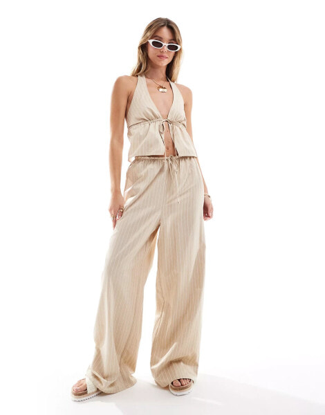 Miss Selfridge poplin relaxed wide leg trouser in beige pinstripe co ord