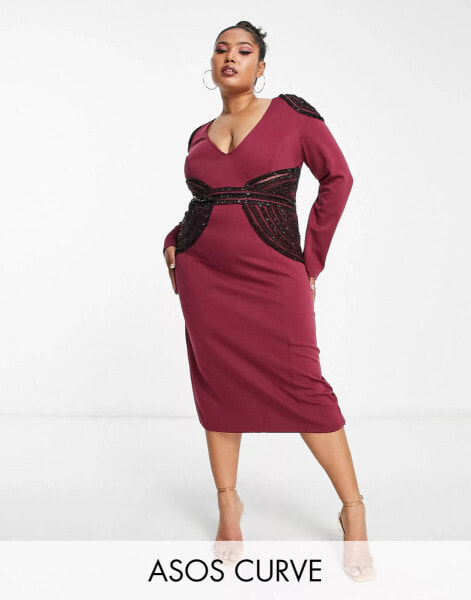 ASOS DESIGN Curve plunge neck long sleeve embellished midi dress in plum