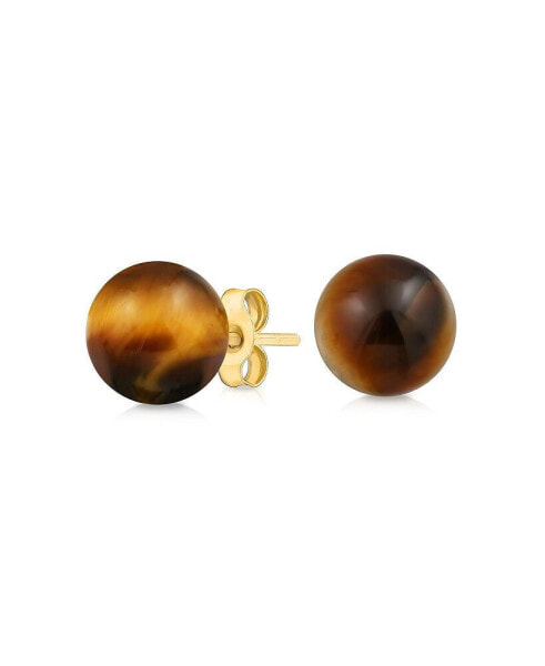 Gemstone Brown Tigers Eye Round Ball Stud Earrings For Women 14K Real Yellow Gold 6MM November Birthstone