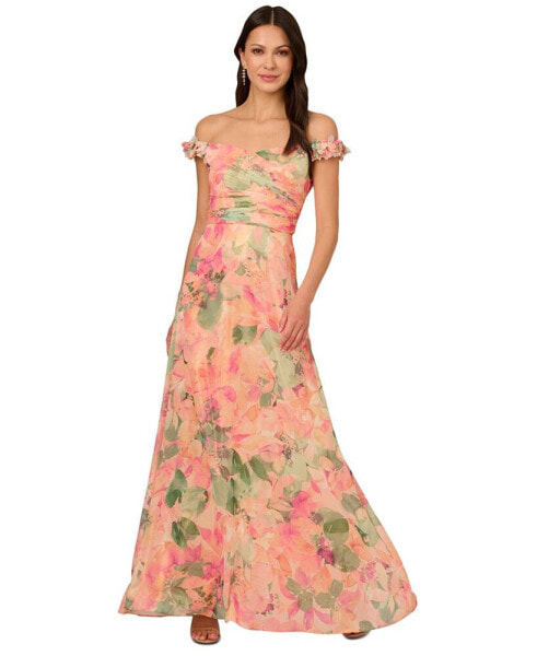Women's Printed Off-The-Shoulder Chiffon Gown