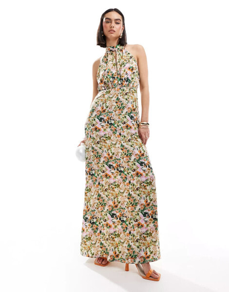 Vila halterneck maxi dress in nautral floral print