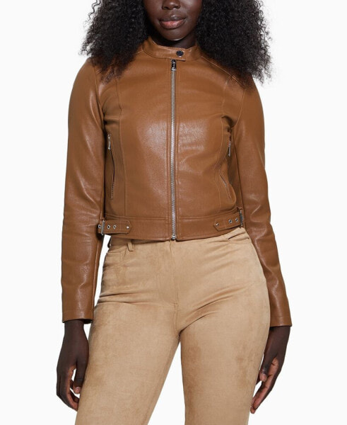 Women's Faux-Leather Moto Jacket with Snap Collar