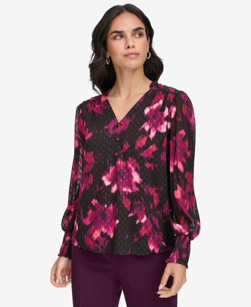 Women's Printed V-Neck Long-Sleeve Blouse