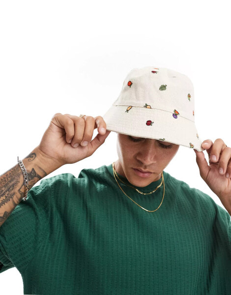 ASOS DESIGN cotton bucket hat with fruit embroidery in ecru