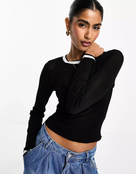 ASOS DESIGN crew neck sheer jumper with contrast tipping in black