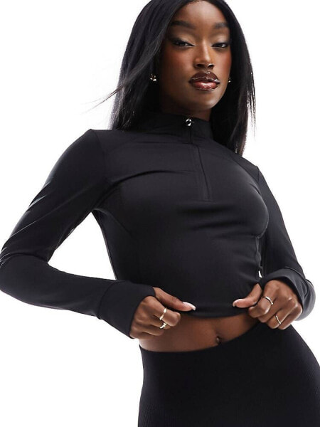 ASOS 4505 cropped 1/4 zip long sleeve top with mesh panels in black