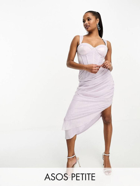 ASOS DESIGN Petite satin corset mesh ruched maxi dress in lilac