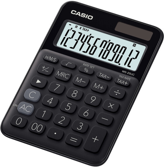 Калькулятор базовый CASIO MS-20UC-BK, настольный, 12 разрядов, 1 строка, от батареек/солнечной батареи, черный