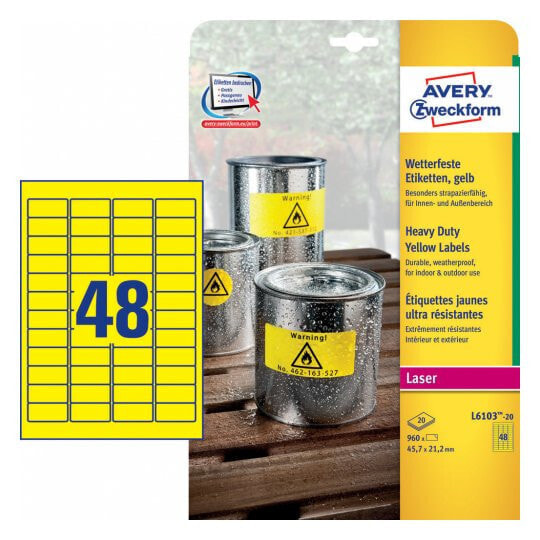 Avery Zweckform Avery L6103-20 - Yellow - Rectangle - Permanent - DIN A4 - Polyester - Laser