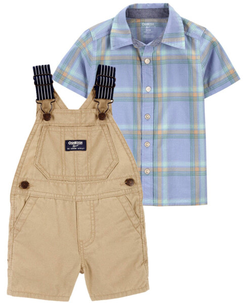 Toddler 2-Piece Button-Front Shirt & Stripe Strap Shortalls Set 3T