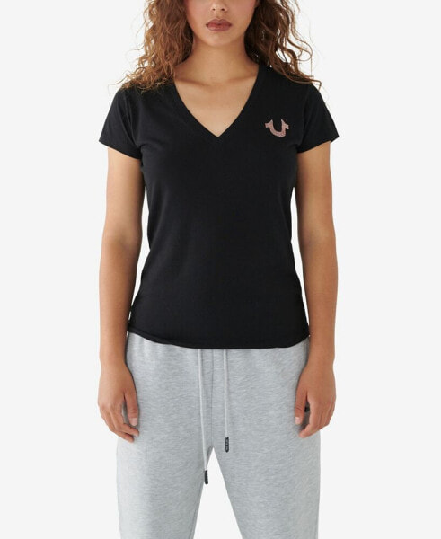 Women's Short Sleeve Arched Logo Slim V-neck T-shirt
