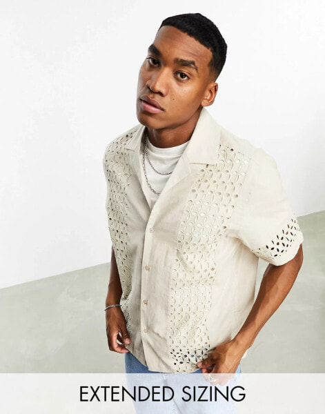 ASOS DESIGN relaxed revere shirt with broderie panel inserts in stone