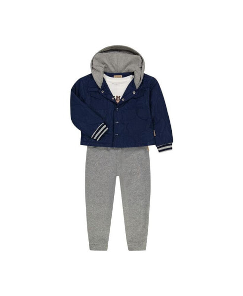 Infant Boys 3 Piece Outfit Set with Quilted Puffer Jacket with Hood, Long Sleeve Graphic Top, and Jogger Pants