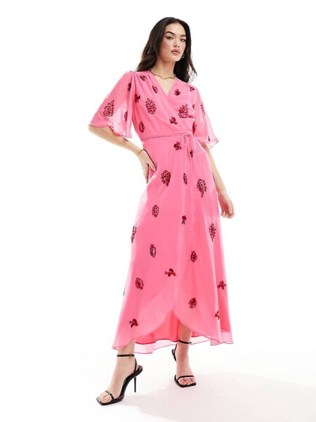 Hope & Ivy Valentine's wrap maxi dress in pink & red