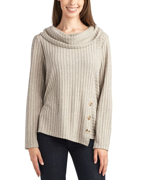 Juniors' Cowlneck Button-Trimmed Ribbed Sweater