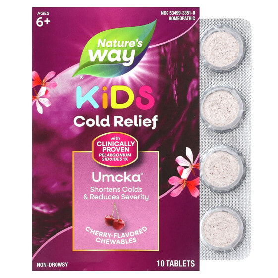 Детское средство от простуды без сонливости Umcka, Kids Cold Relief, For Ages 6+, вишня, 10 жевательных таблеток, NATURE'S WAY