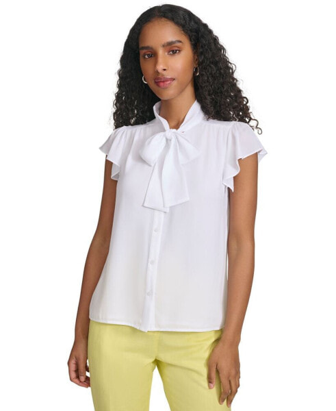 Petite Solid-Color Cap-Sleeve Bow Blouse