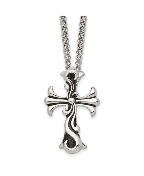Chisel antiqued Polished Scroll Cross Pendant on a Curb Chain Necklace