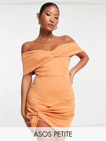 ASOS DESIGN  Petite off shoulder seamed twist hem mini dress in apricot