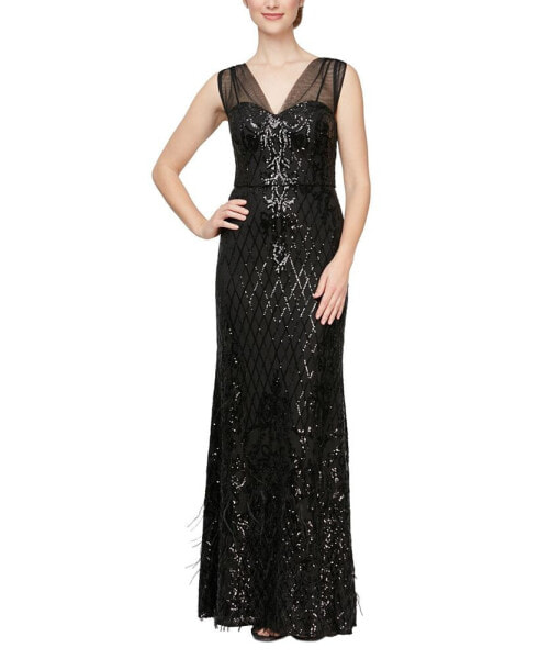 Women's Sequin Illusion Feather Gown