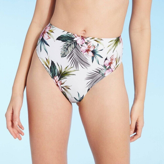 Shade & Shore Bikini Bottom Women's Small White Tropical Nylon Stretch High Leg