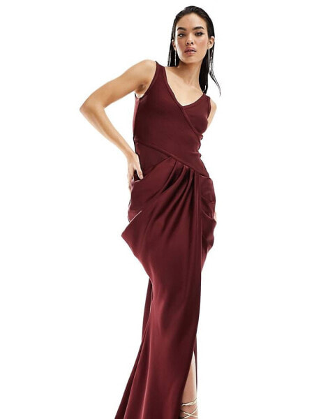 ASOS DESIGN bandage bodice draped midi dress in burgundy