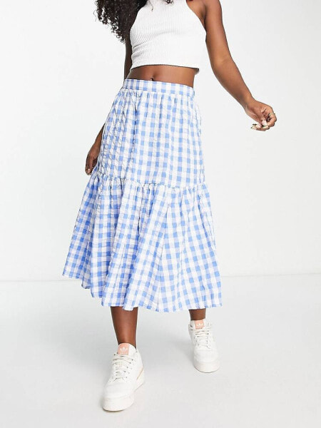 Monki seersucker ruffle midi skirt in blue and white gingham 