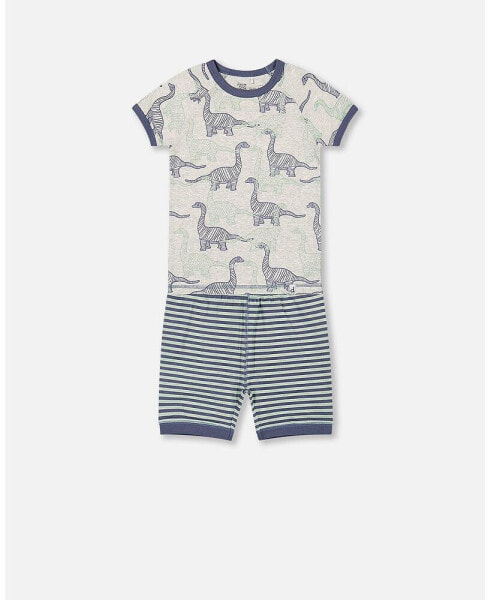 Baby Boy Organic Cotton Two Piece Short Pajama Set Heather Beige Printed Dinosaurs - Infant